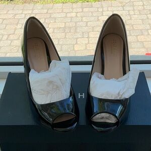 Cole Haan Sadie Black Patent Wedge Peep Toe Pumps